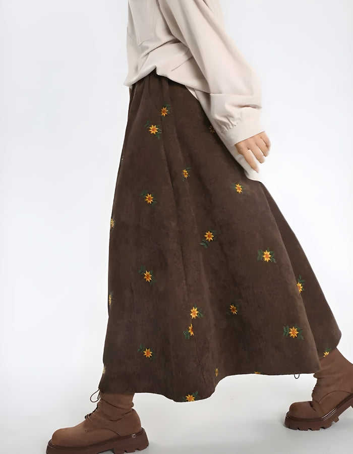 Sunflower Embroidered Corduroy Maxi Skirt