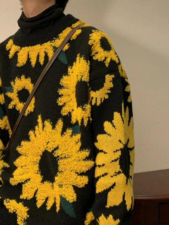 Sunflower Jacquard Crewneck Long Sleeve Knit Pullover Sweater