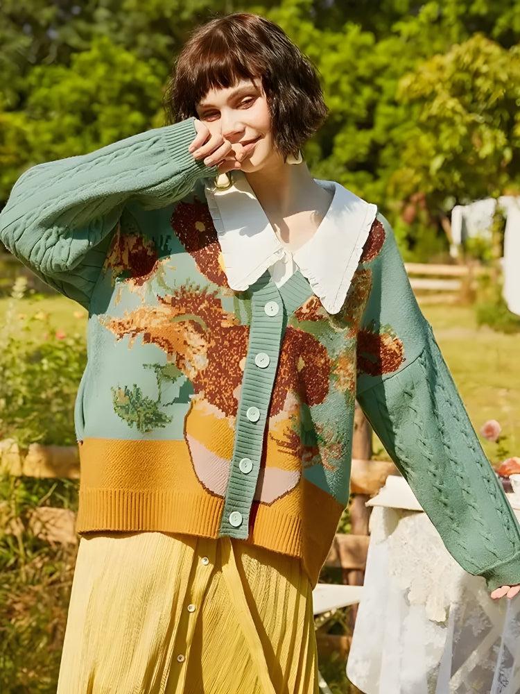 a girl is wearing a van gogh sunflowers cardigan and a yellow skirt