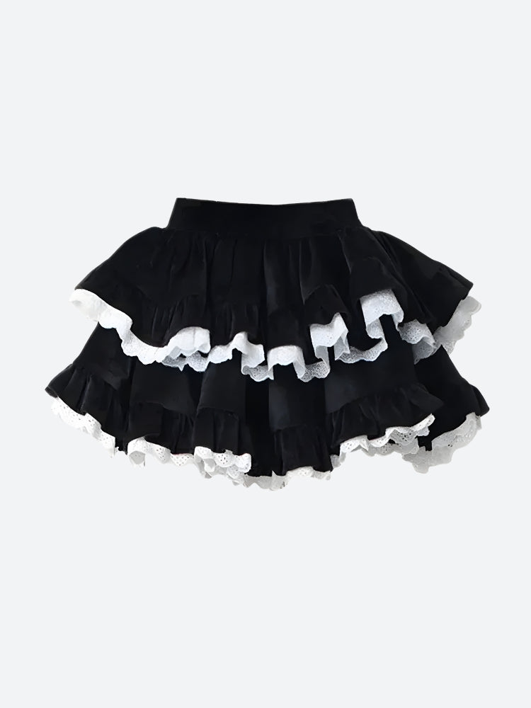 Velvet Ruffle Layered Mini Skirt
