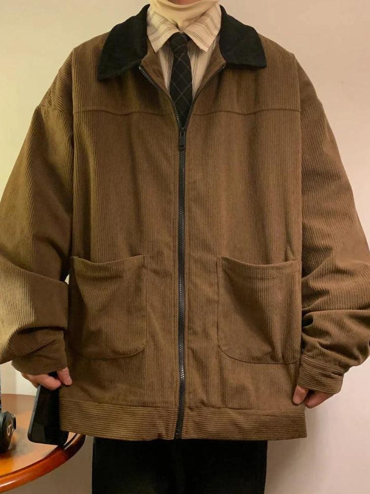 Contrast Collar Corduroy Zipper Jacket