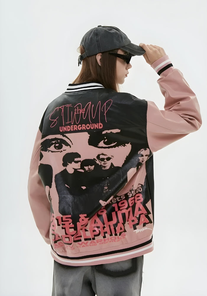 a girl is wearing a vintage grunge 1968 varsity jacket in pink and black and a black hat and sunglasses