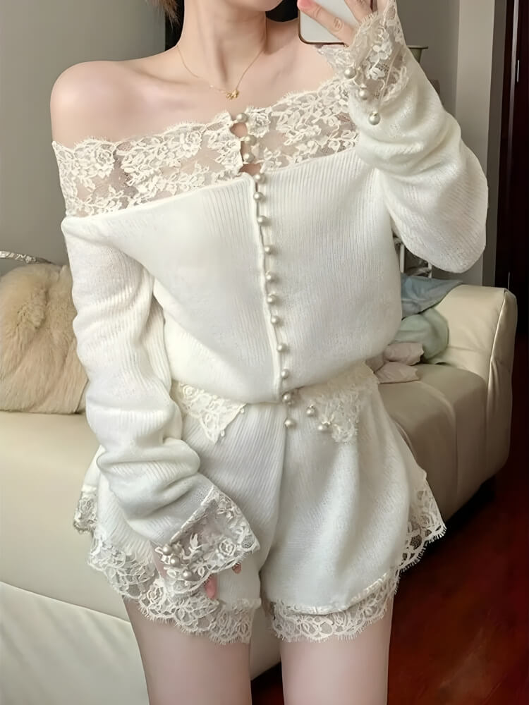 White Knitted Lace Two Piece Set
