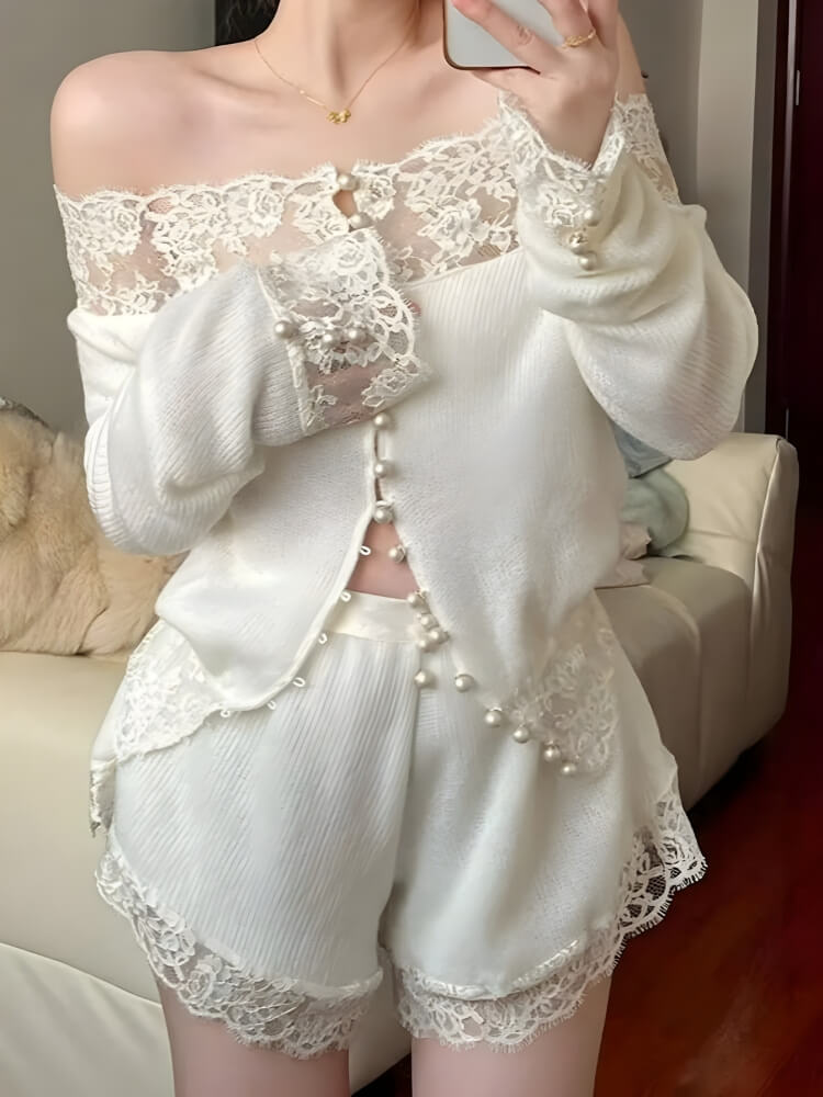 White Knitted Lace Two Piece Set