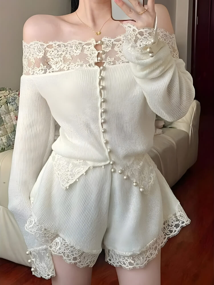 White Knitted Lace Two Piece Set