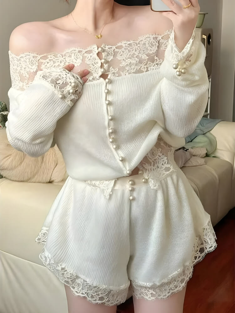 White Knitted Lace Two Piece Set