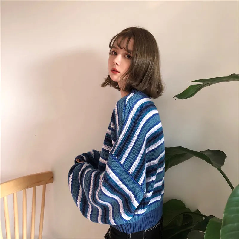 Wide Sleeved Striped Knitted Sweater