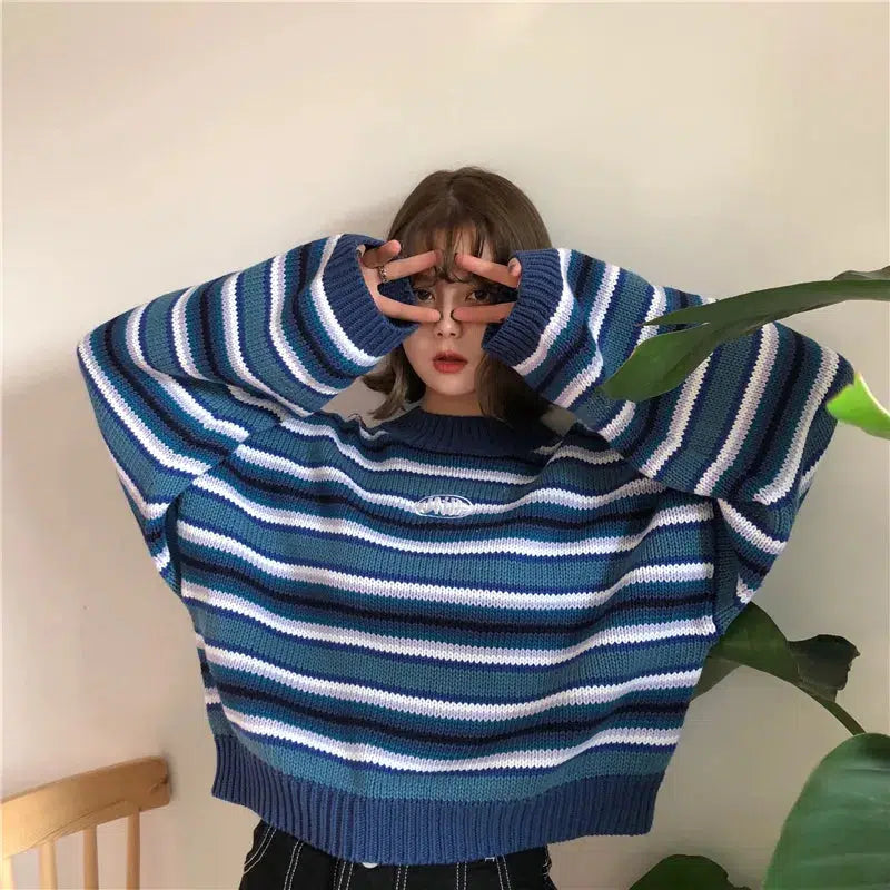 Wide Sleeved Striped Knitted Sweater