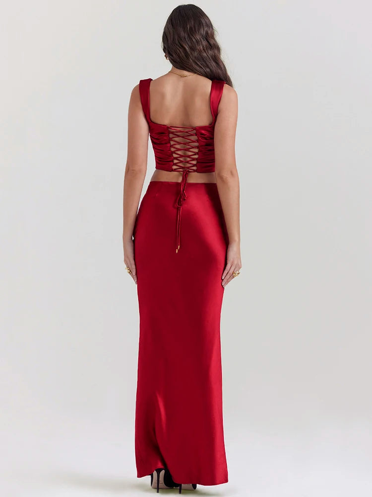 Wine Satin Corset Top & Maxi Skirt Two Piece Set - Litlookz Studio