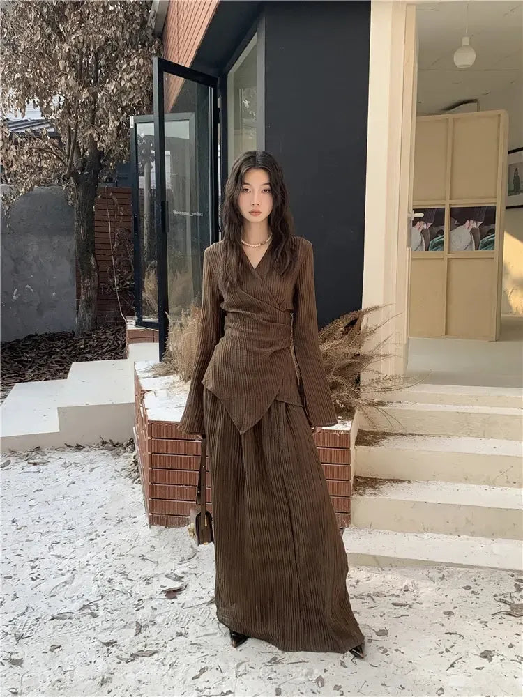Wrap Around Blouse & Maxi Skirt Two Piece Set