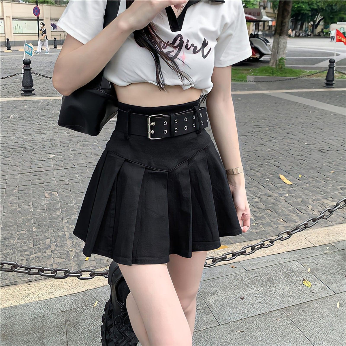 Y2K Belt Detail Pleated Mini Skirt