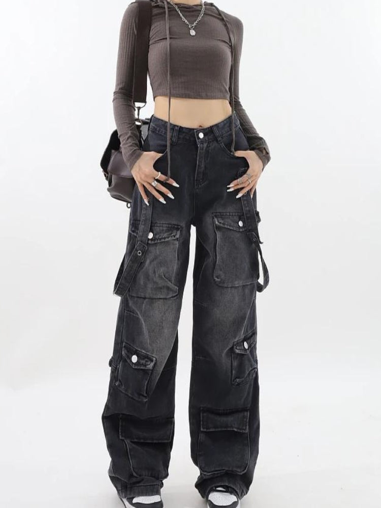 Y2K Belted Dark Wash Cargo Jeans - Black / S Y2K Belted Dark Wash Cargo Jeans - Black / S