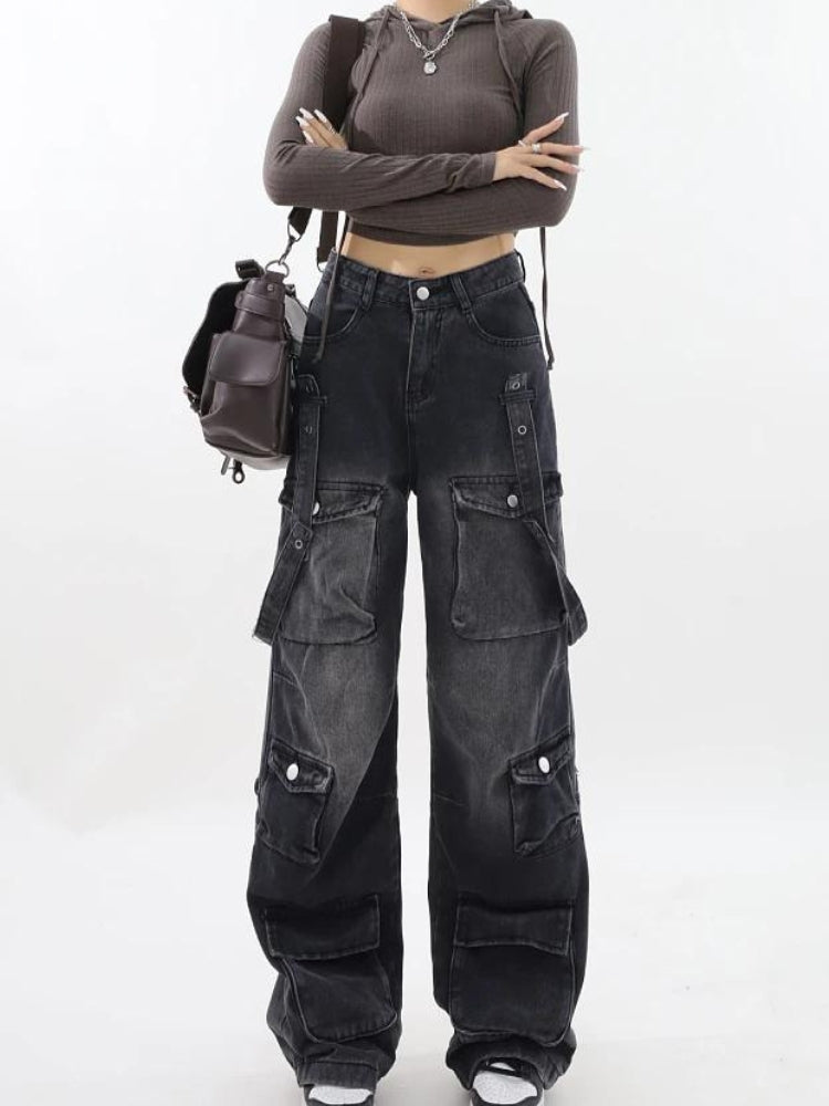 Y2K Belted Dark Wash Cargo Jeans - Litlookz Studio