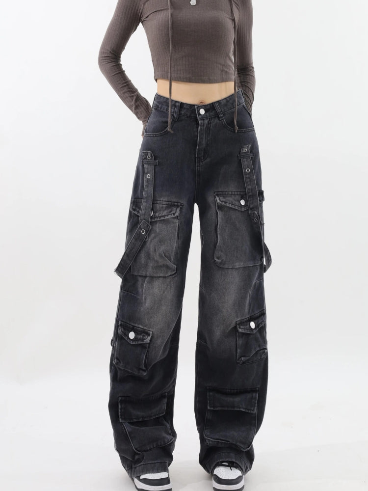 Y2K Belted Dark Wash Cargo Jeans - Litlookz Studio