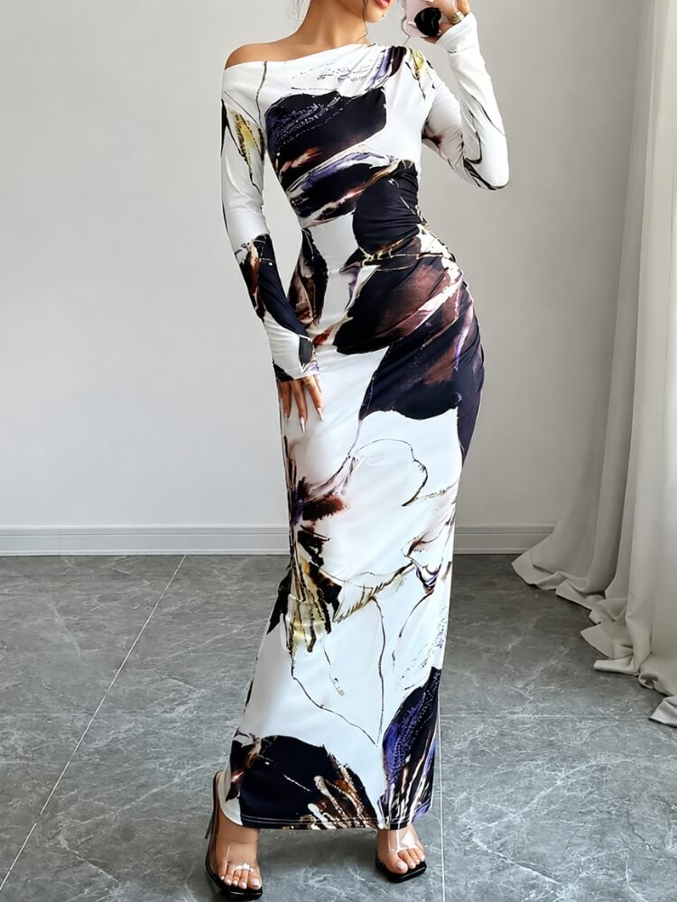 long sleeve printed bodycon dress Butterfly Print Long Sleeve Ruched Bodycon Dress