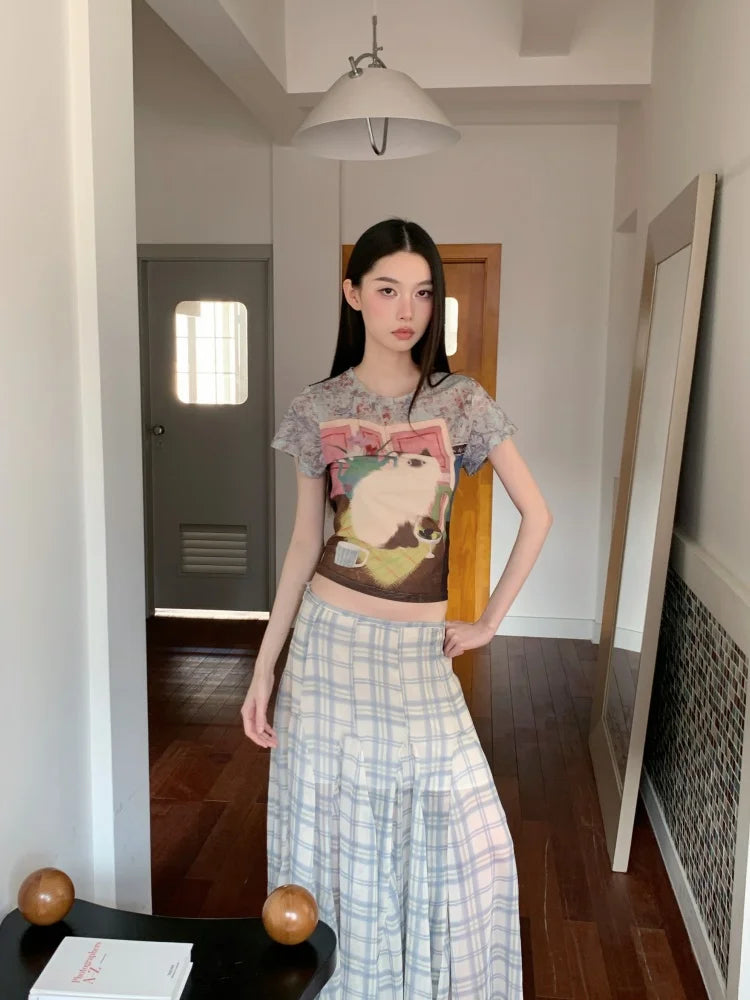 Y2K Cat Graphic Sheer Top