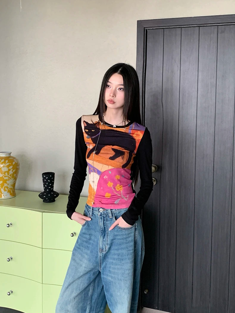 Y2K Cat Graphic Top