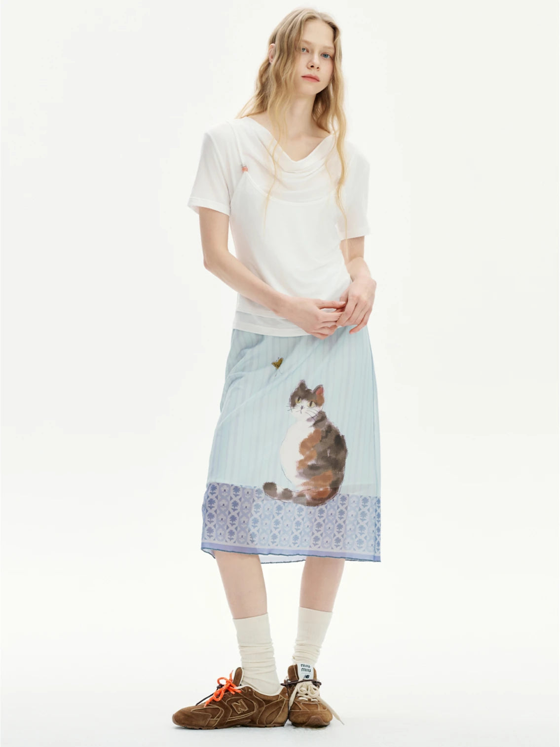 Y2K Cat Print Midi Skirt