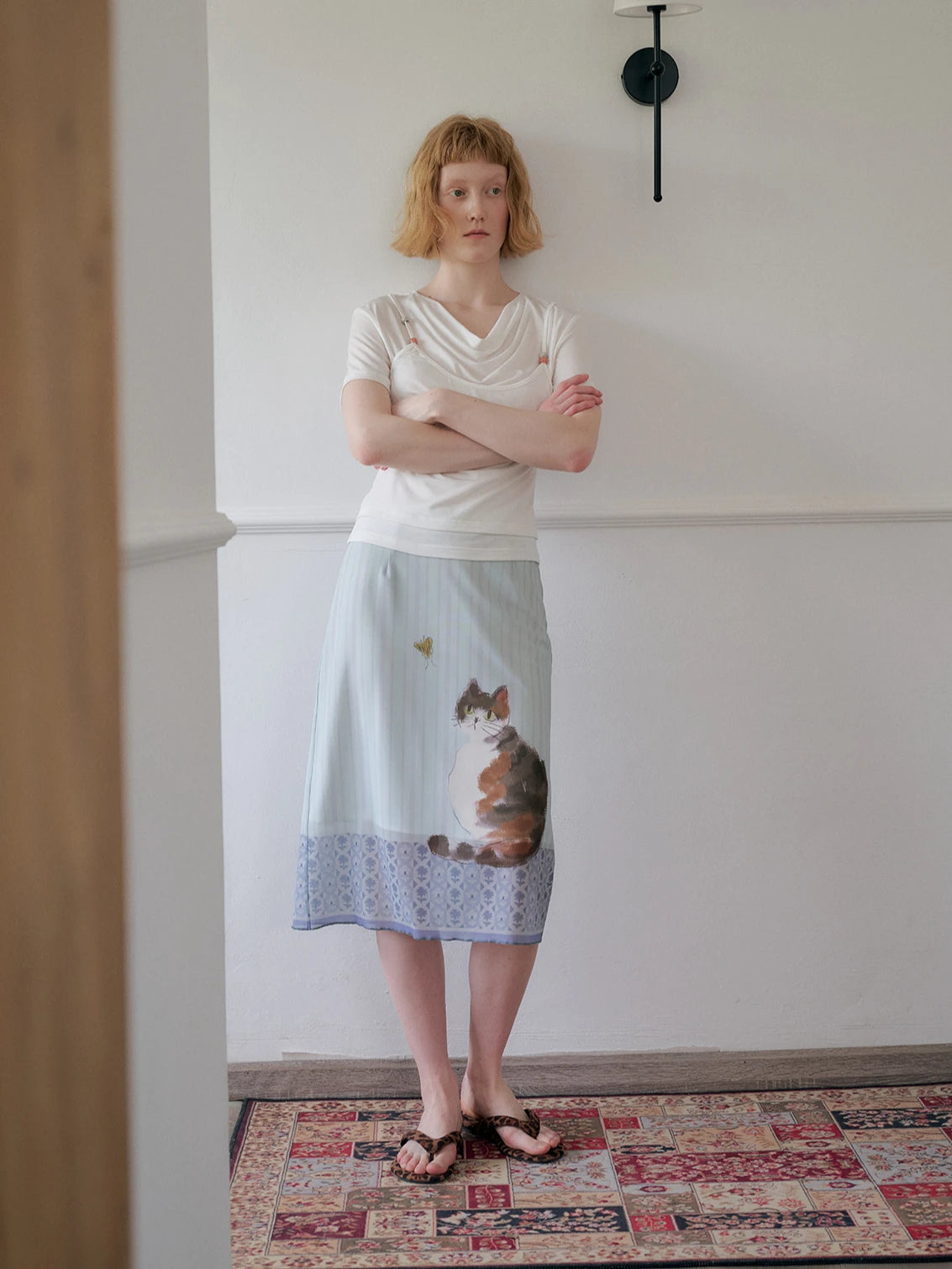Y2K Cat Print Midi Skirt