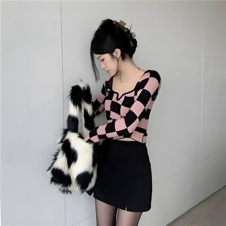 Y2K Checkered Square Neck Top