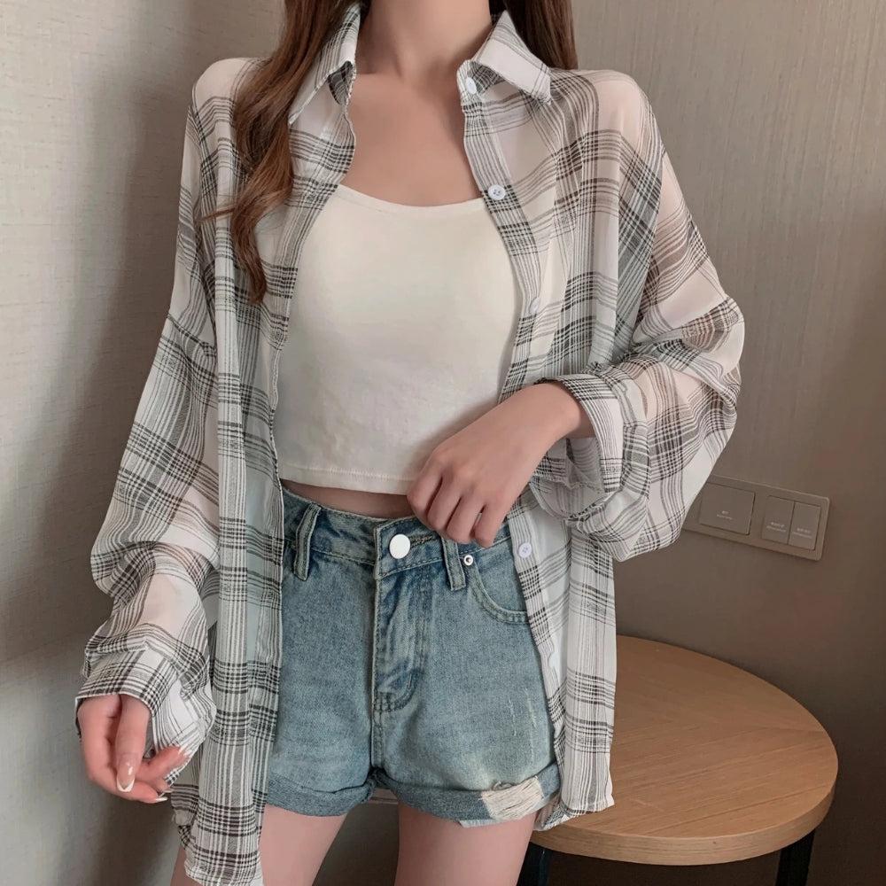 Y2K Chiffon Plaid Shirt