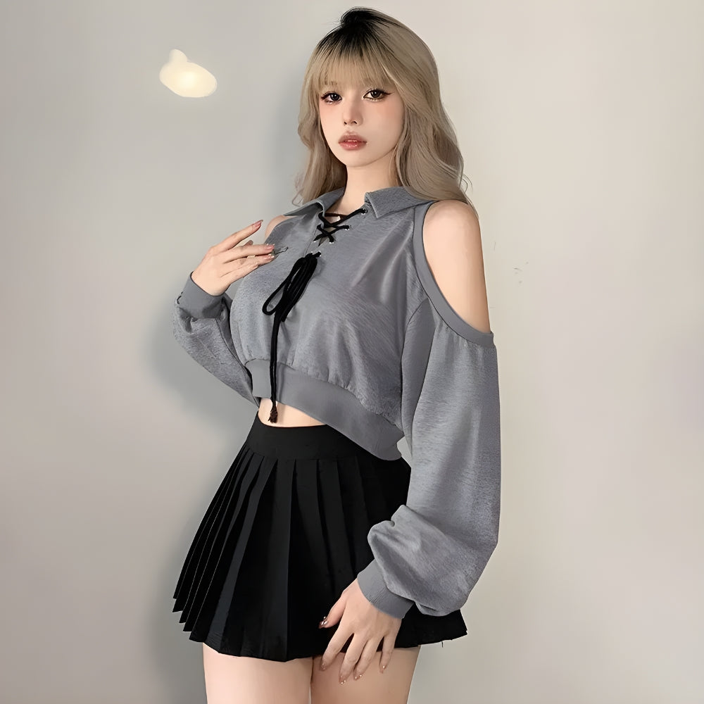 Y2K Cut Out Lace Up Cropped Sweatshirt