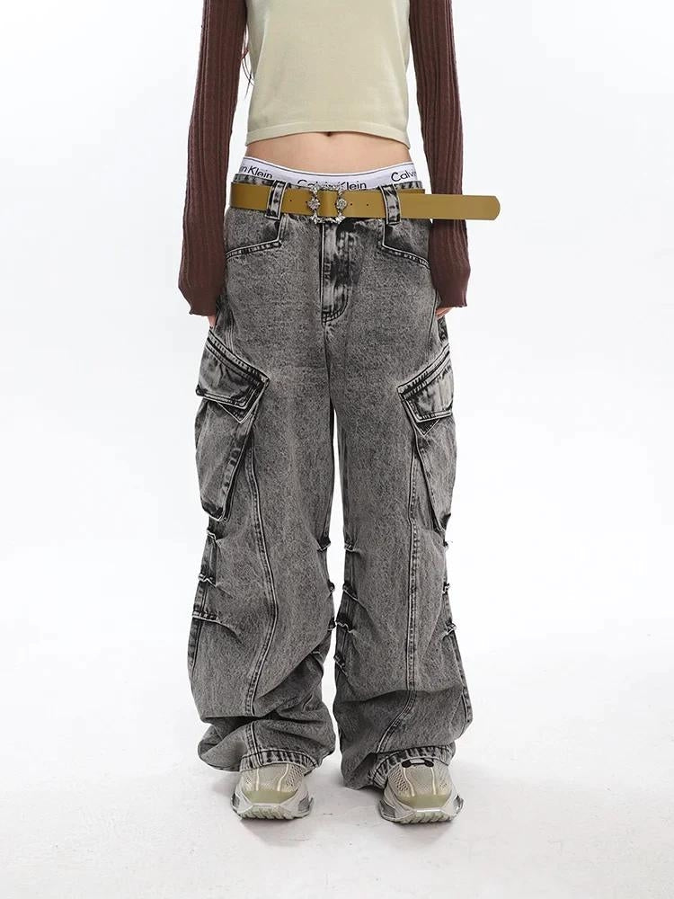 Y2K Distressed Big Pockets Cargo Jeans - Gray / M