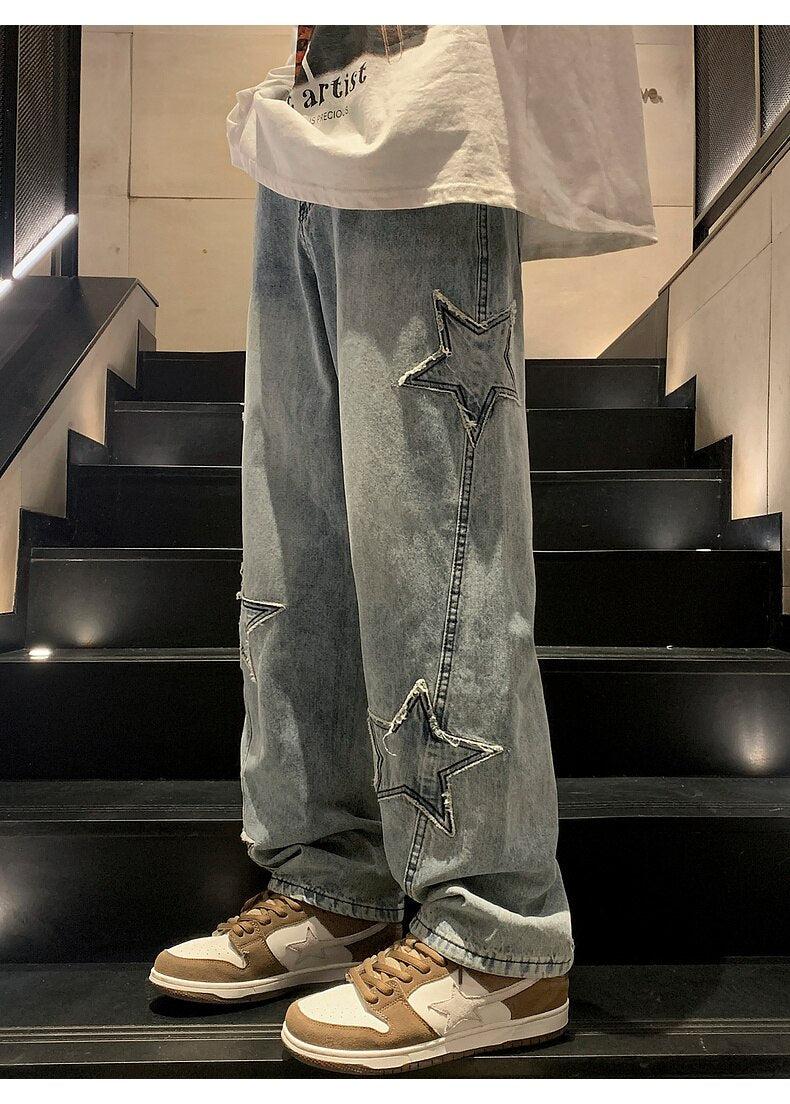 Jeans da uomo, larghi, elasticizzati, vintage, Y2K, hip-hop, vestibilità ampia, streetwear, comodi, per il tempo libero, gamba dritta, O blu., XS