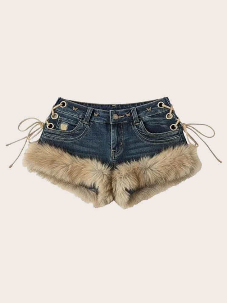 Y2K Faux Fur Denim Shorts