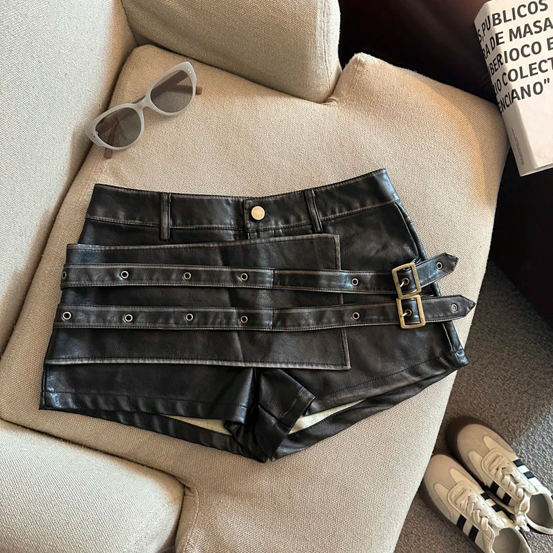 Y2K Faux Leather Double Belt Shorts