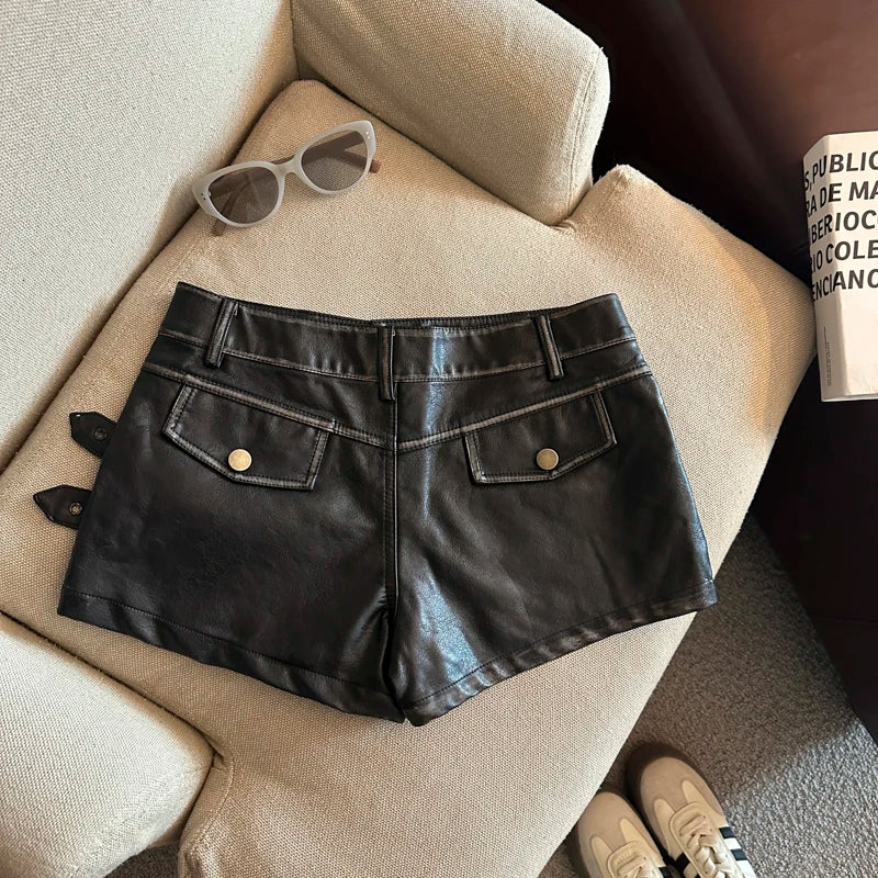 Y2K Faux Leather Double Belt Shorts - Litlookz Studio