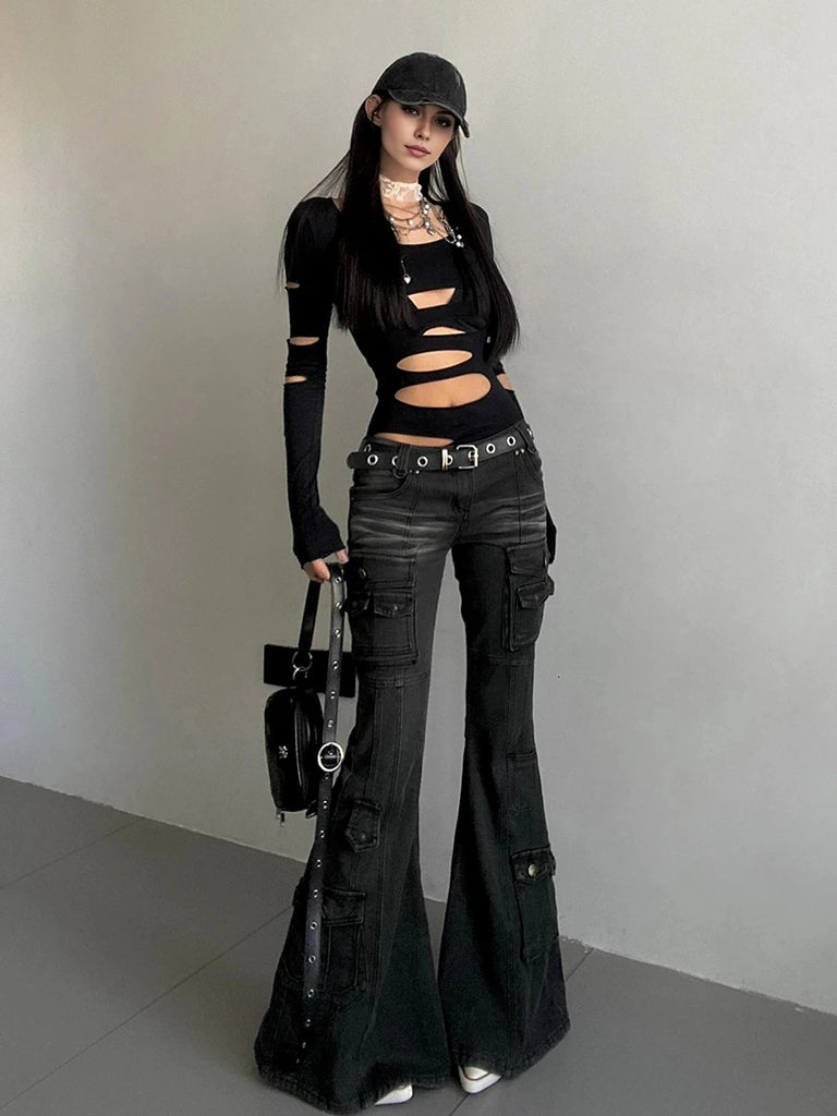 00s black cargo flared pants Y2K ロング丈 Y2K-Flared-Cargo-