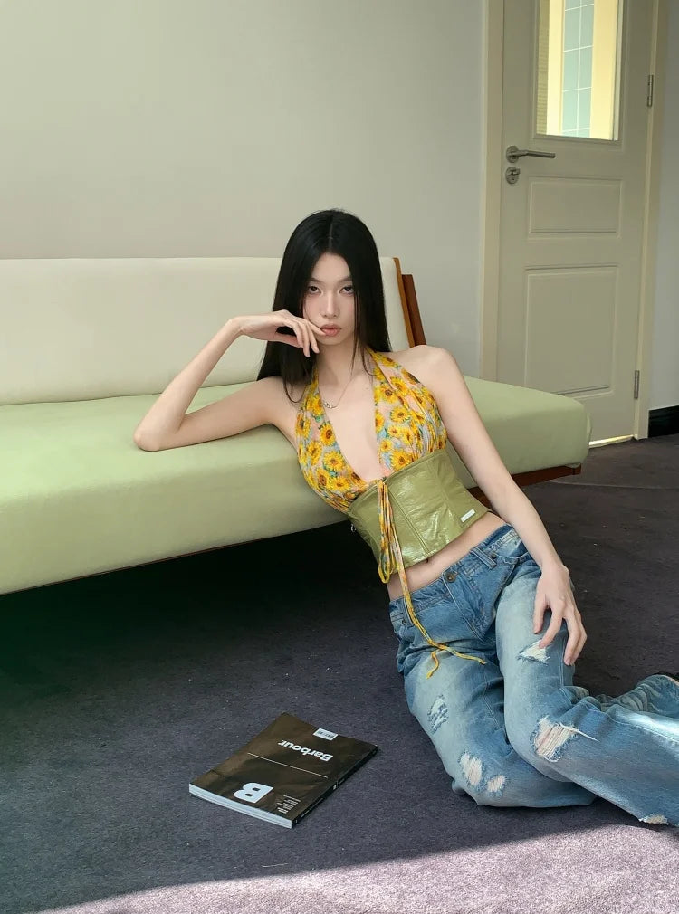 Y2K Floral Halter Crop Top