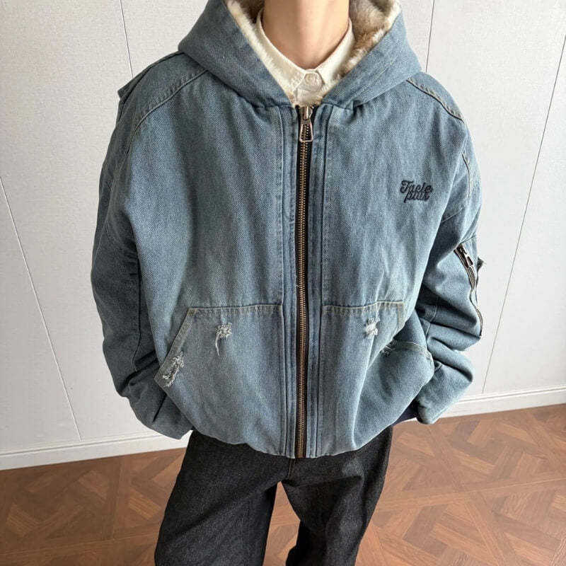 Y2K Fur Lined Hooded Denim Jacket - Litlookz Studio