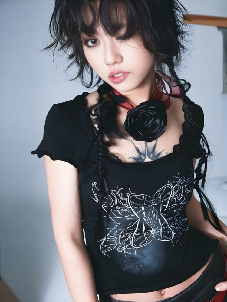 Y2K Goth Butterfly Print Tee