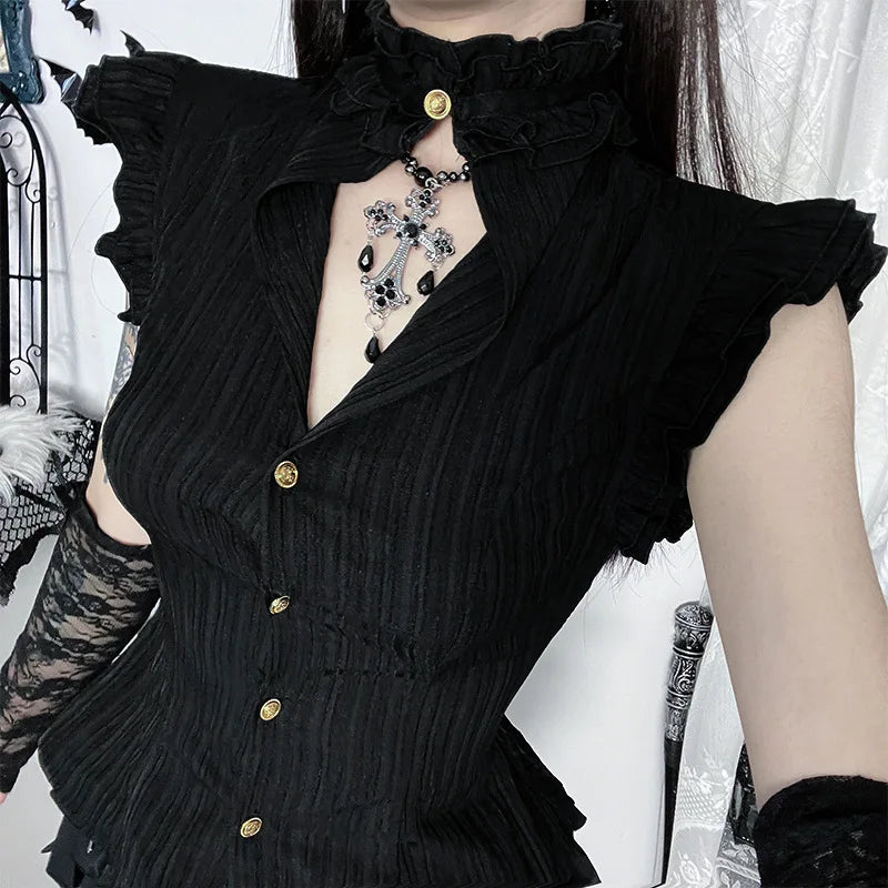 Y2K Goth Pleated Fitted Shirt - Litlookz Studio
