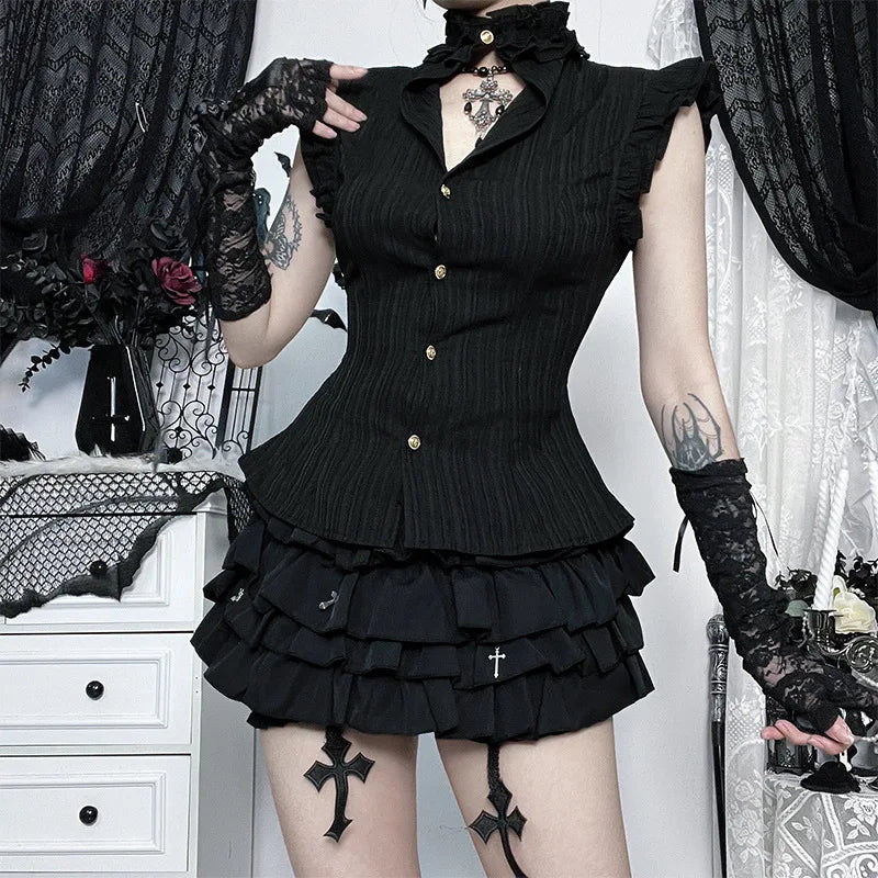 Y2K Goth Pleated Fitted Shirt - Litlookz Studio