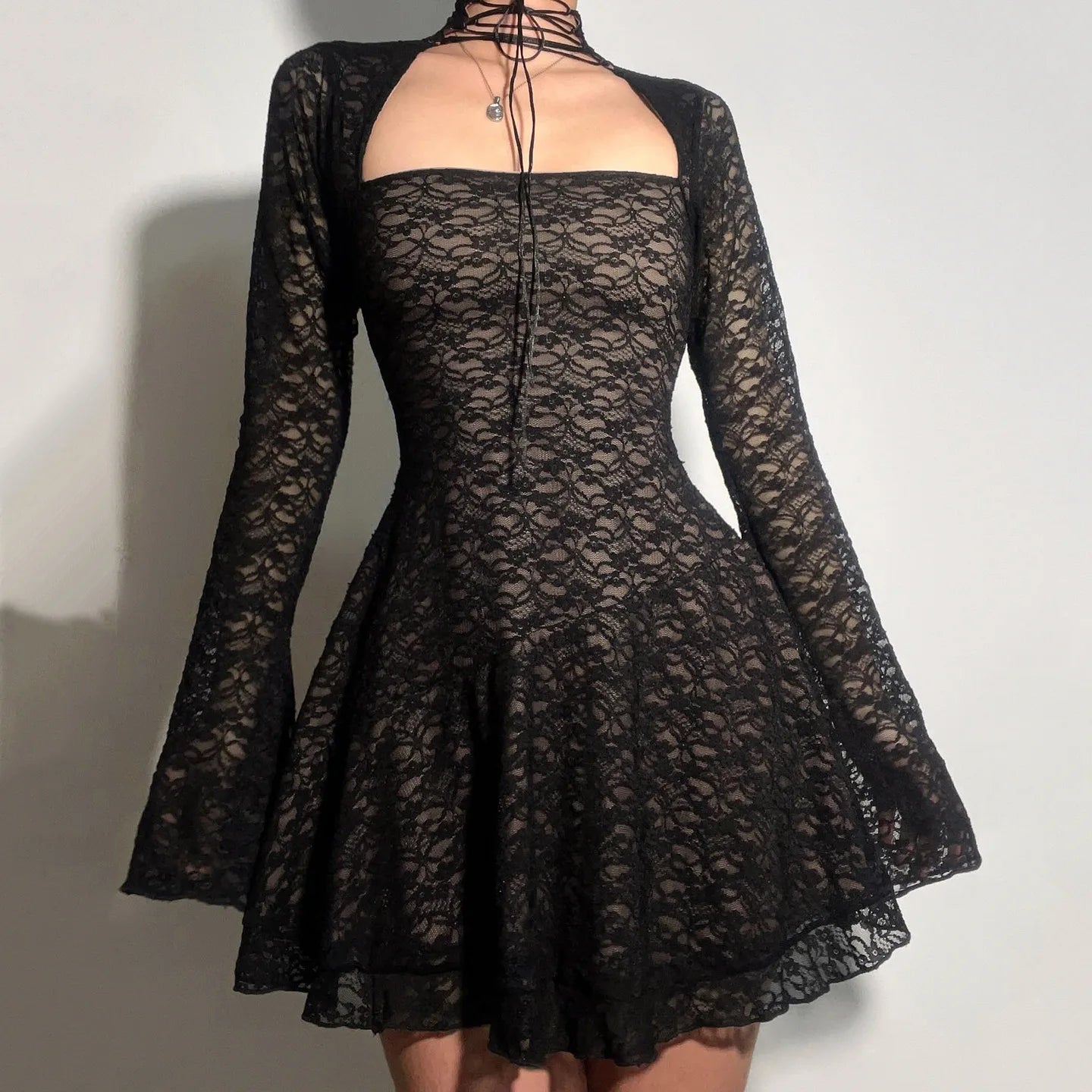 y2k long sleeve mini dress Women Elegant Lace Trim Mini Dress Y2k Long Sleeve Low Cut Short Dress  Backless Tie-up Cocktail Party Going Out Dresses