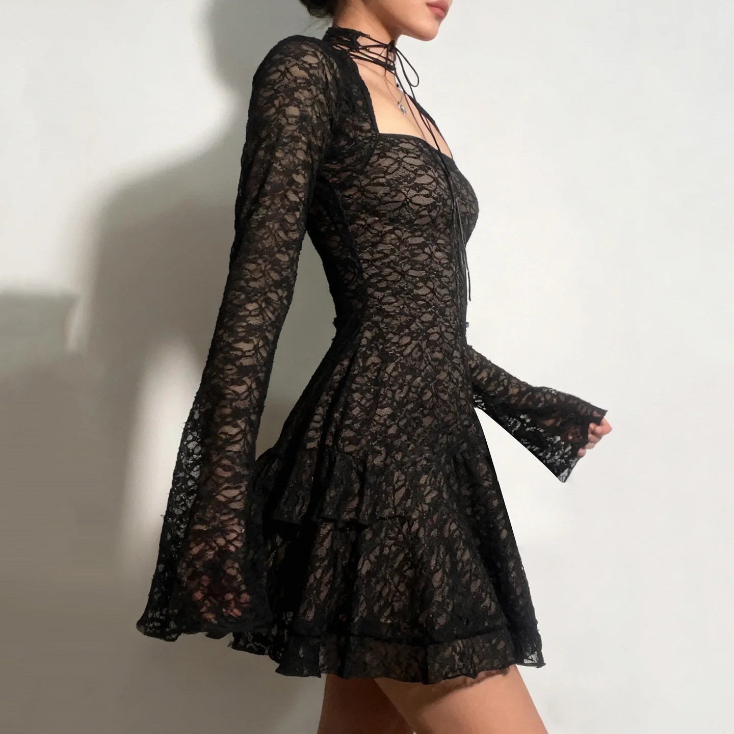 Y2K Goth Sheer Lace Mini Dress