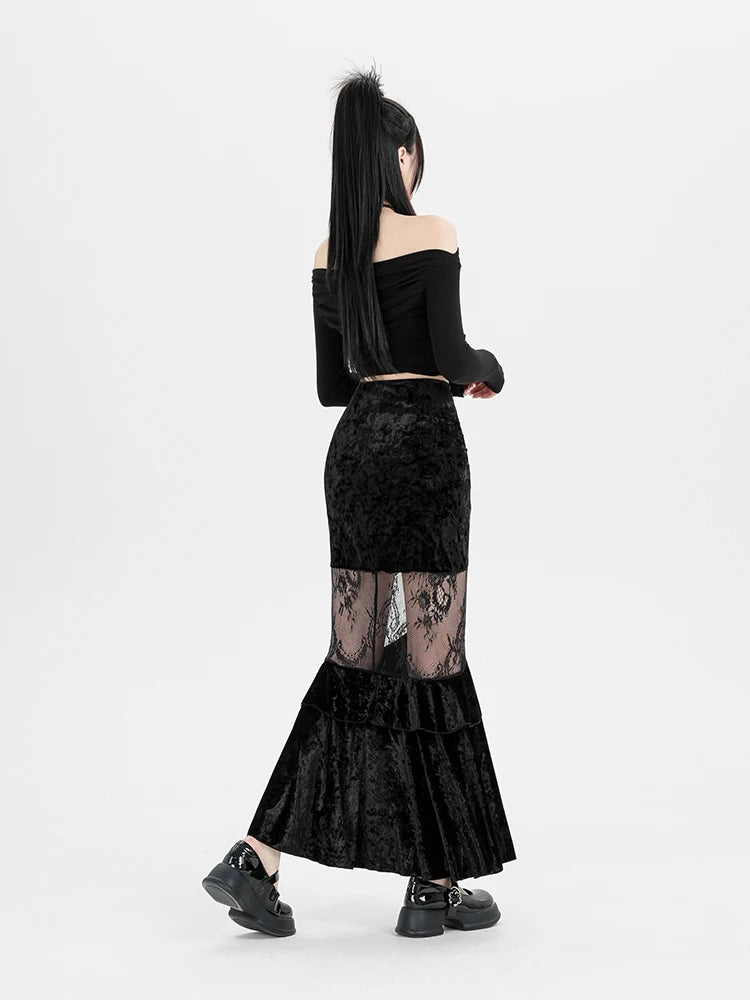 Y2K Goth Velvet Lace Maxi Skirt