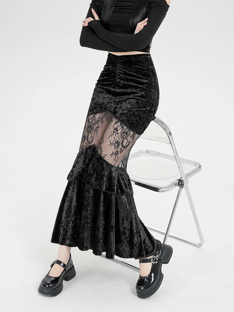 Y2K Goth Velvet Lace Maxi Skirt