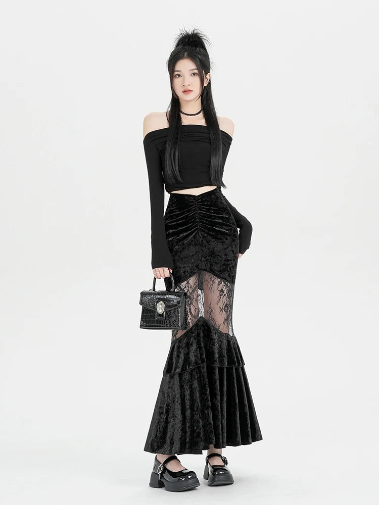 Y2K Goth Velvet Lace Maxi Skirt