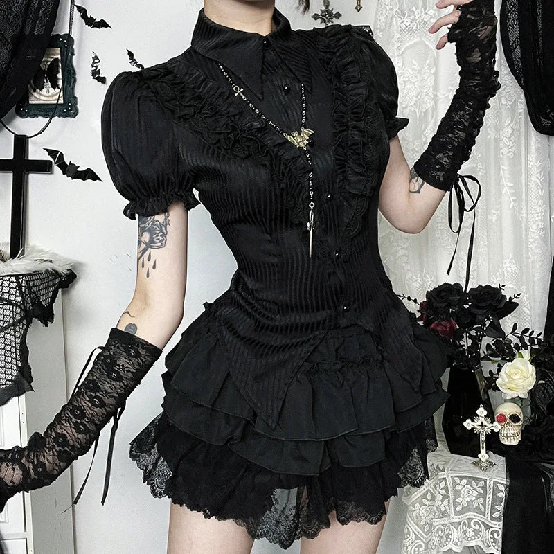 Y2K Goth Victorian Ruffle Shirt - Litlookz Studio