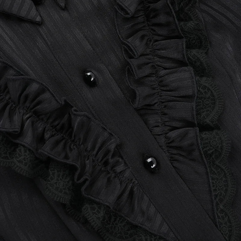 00’s Long Frill Gothic Shirt Y2K ダークロマンス Y2K Goth Victorian Ruffle Shirt - Litlookz Studio
