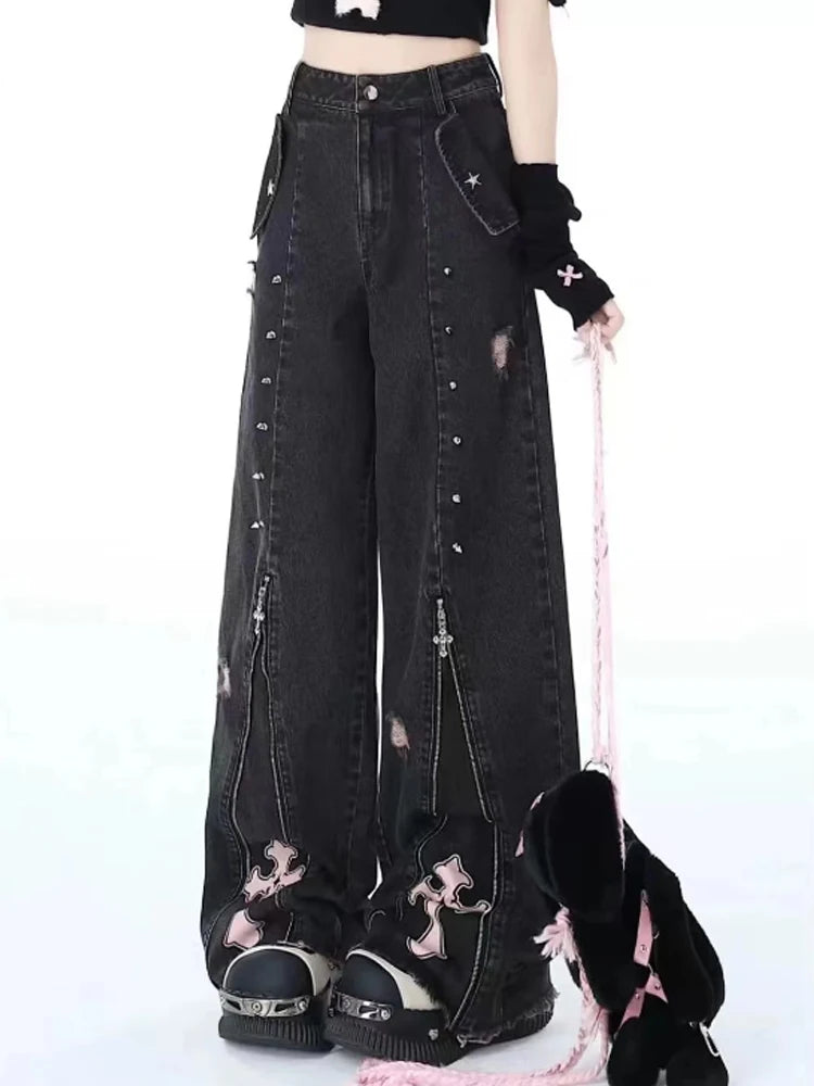 Y2K Grunge Cross Zip-Up Jeans