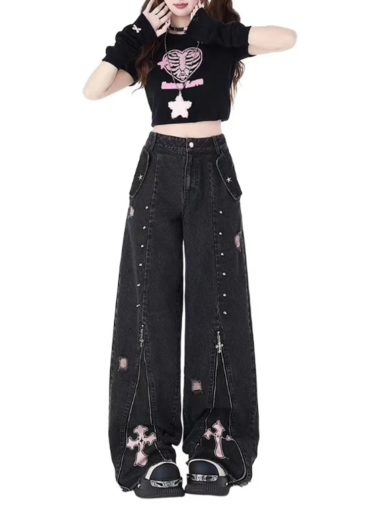 ginzi バムフラップ archive パンク y2k Y2K Grunge Cross Zip-Up Jeans - Litlookz Studio
