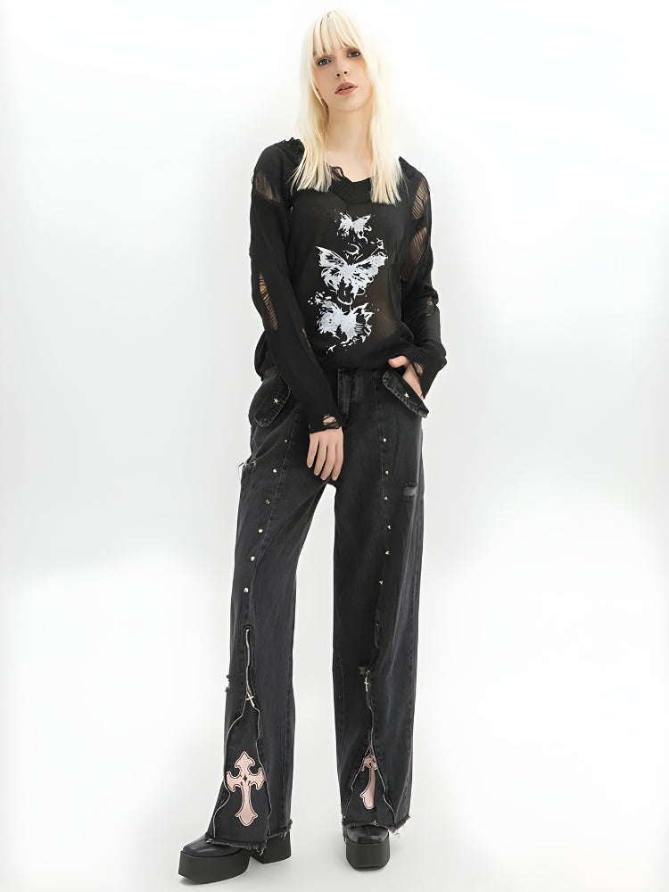 Y2K Grunge Cross Zip-Up Jeans - Litlookz Studio