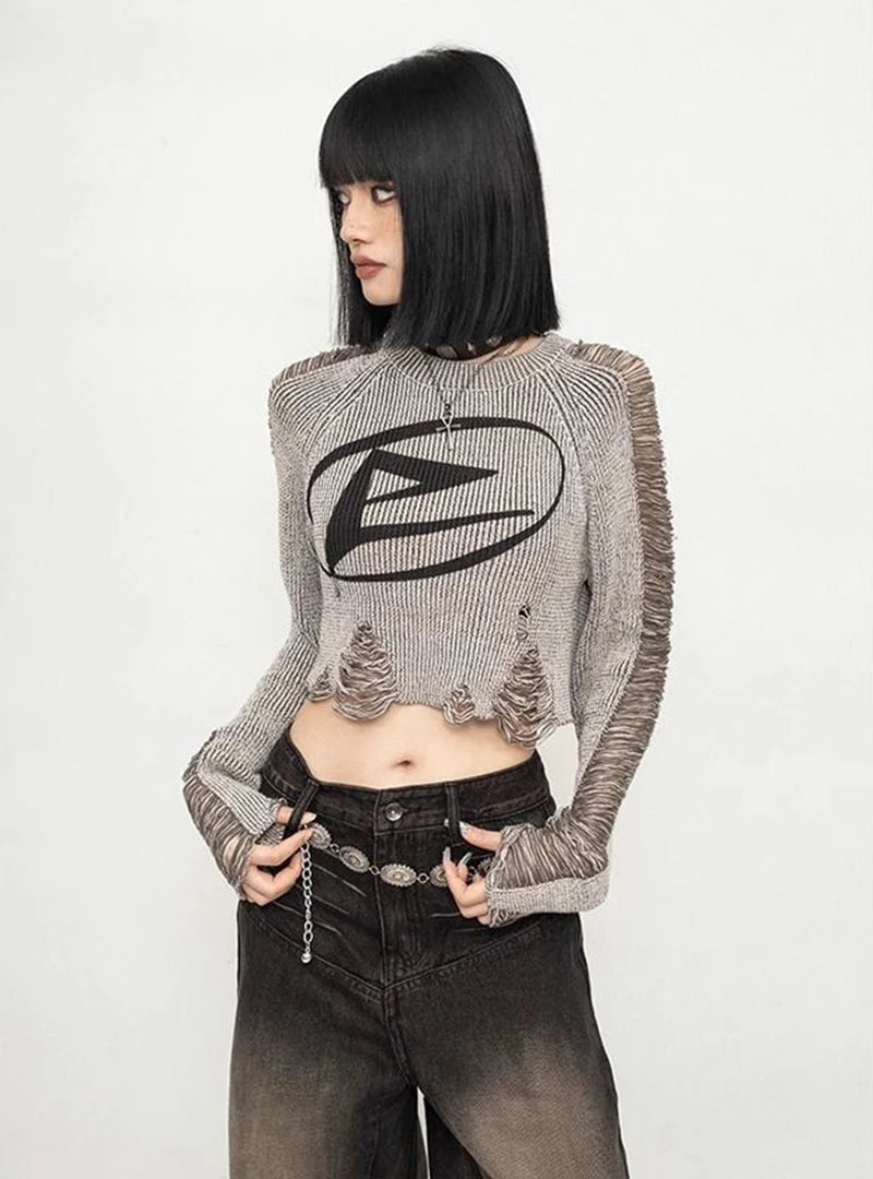 Y2K Grunge Distressed Crop Sweater