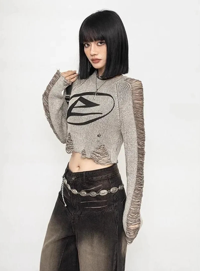 Y2K Grunge Distressed Crop Sweater