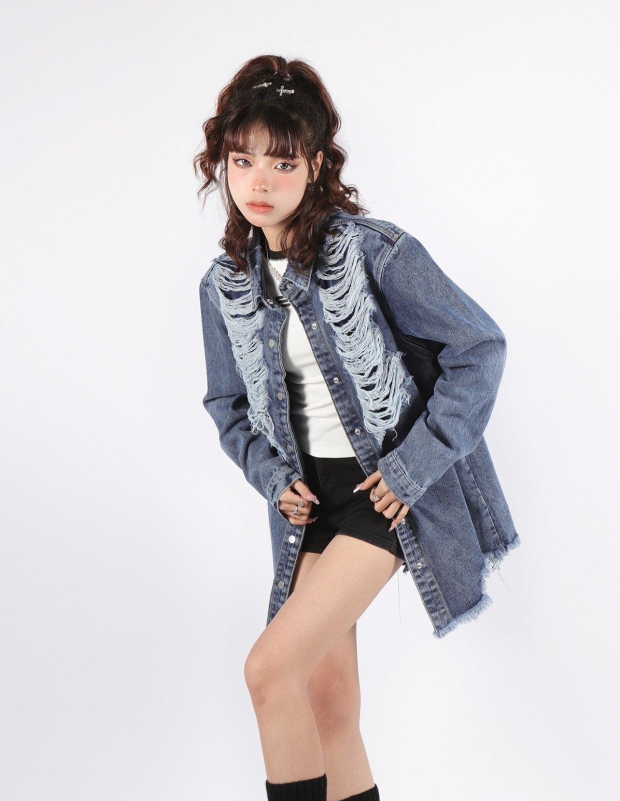 Y2K Grunge Distressed Denim Jacket - Litlookz Studio